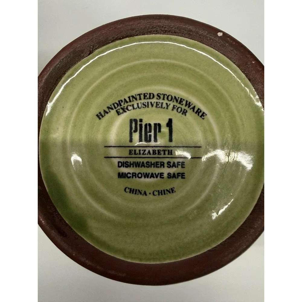 Pier 1 Elizabeth Mug Set of 2 Floral Handpainted Stoneware Green Floral 16 oz